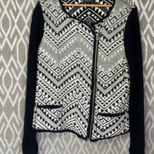Lucky Brand Sweater Asymmetrical Zip Black White Aztec Chevron Pattern Large